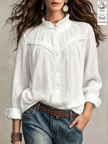 Linhara Plus Size Women White Textured Lace Trim Shirt Fall Cloth For Women - White - View 1