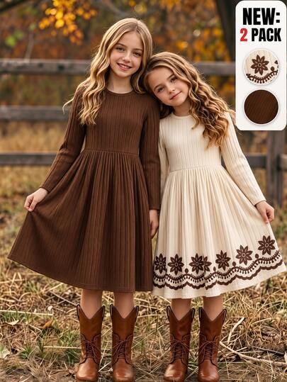 SHEIN Vintaside Kids فستانين للبنات المراهقات بلون بني سادة وكريمي، فستان أنيق بتصميم متباين مع ملابس علوية مضلعة مطرزة، فساتين أميرة لارتداء والخريف