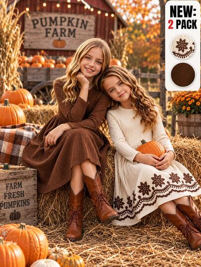 SHEIN Vintaside Kids Tween Girls Dress, 2pcs, Pumpkin Photo, Halloween Photo, Slim Fit, Daily Wear, Fashionable Versatile, Elegant, Floral, Ruffle, Party, Print, Collar, Autumn, Sweet
