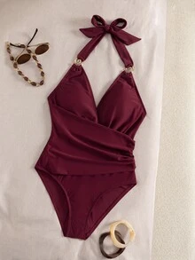 Bonvoyette Swim Chiccia Red Elegant Sexy Summer Beach Party Holiday One Piece Swimsuit Deep V Spaghetti Strap Bikini Luxury Ring Detail Ruched Tummy Control - Red Violet - View 4