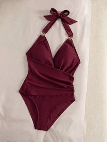 Bonvoyette Swim Chiccia Red Elegant Sexy Summer Beach Party Holiday One Piece Swimsuit Deep V Spaghetti Strap Bikini Luxury Ring Detail Ruched Tummy Control - Red Violet - View 6