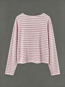 Sundraya Digital Print Pattern, Asymmetric Shoulder T-Shirt, Pink & Grey Striped, Long Sleeve Asymmetrical Shoulder, Loose Fit, Women's Top For Summer & Autumn - Multicolor - View 5