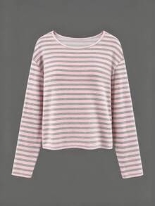 Sundraya Digital Print Pattern, Asymmetric Shoulder T-Shirt, Pink & Grey Striped, Long Sleeve Asymmetrical Shoulder, Loose Fit, Women's Top For Summer & Autumn - Multicolor - View 6