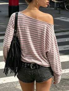 Sundraya Digital Print Pattern, Asymmetric Shoulder T-Shirt, Pink & Grey Striped, Long Sleeve Asymmetrical Shoulder, Loose Fit, Women's Top For Summer & Autumn - Multicolor - View 2