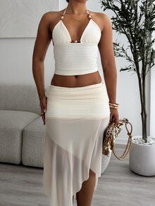 leahseptember 女士优雅度假风提花纹理套装，波西米亚风网纱拼接紧身迷你裙和吊带背心套装 - 米色 - 查看 6