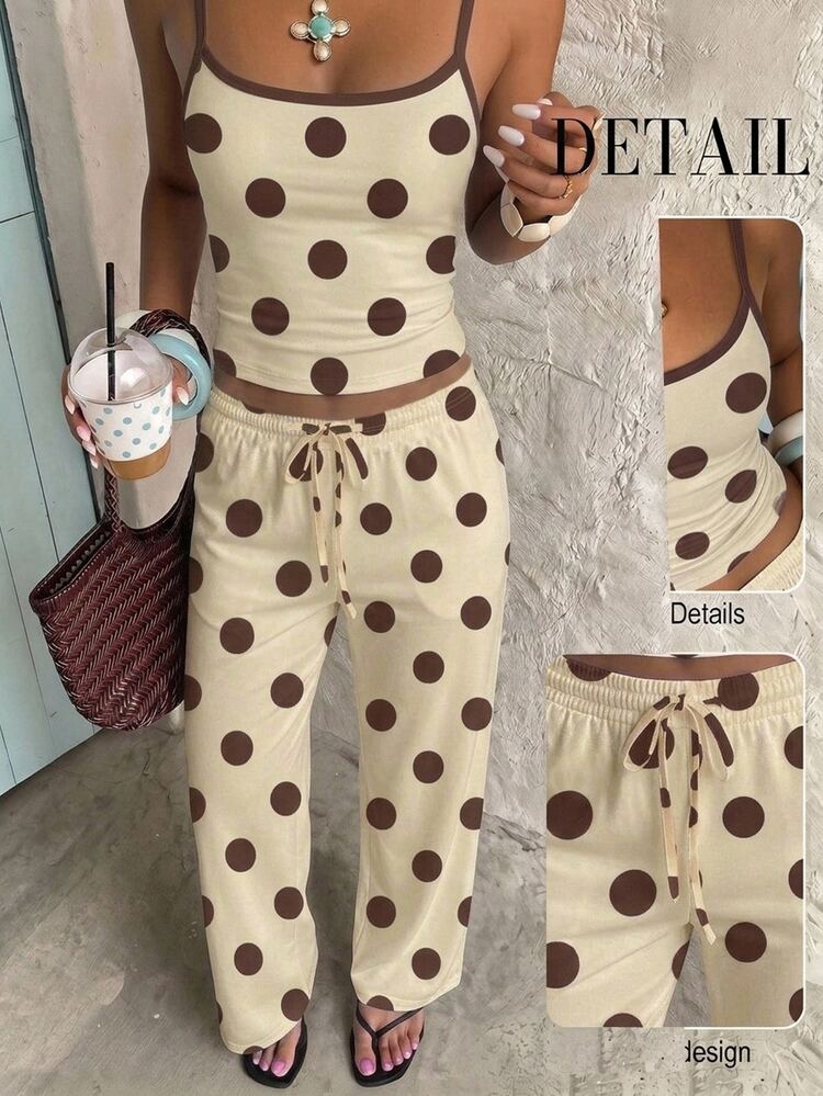 Aloruh Women's Casual Home Camisole Striped Tank Top & Long Pants Set, Classic Coffee Brown Polka Dot Pattern, Playful Cute Elegant Daily Wear, Low-Key Versatile All-Match Street Style Outfit, Coffee Shop Relaxed Vibe, Preppy Back To School Campus Club Youth Clothing - White - View 5