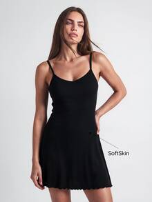 SHAPORA Solid Lettuce Trim Cami Lounge Dress - Black - View 1