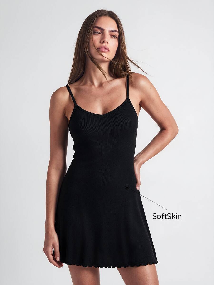 SHAPORA Solid Lettuce Trim Cami Lounge Dress - Black - View 1