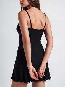 SHAPORA Solid Lettuce Trim Cami Lounge Dress - Black - View 2
