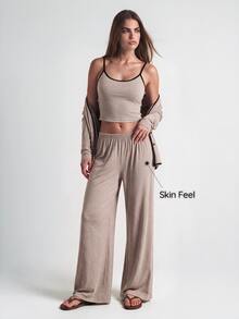 SHAPORA 3pcs Setelan Pakaian Santai Wanita Kasual Warna Polos Lengan Panjang Pas Badan, Atasan Camisole dan Celana, Pakaian Nyaman, Pakaian Musim Gugur dan Musim Dingin - Khaki - View 9