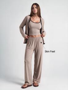 SHAPORA 3pcs Setelan Pakaian Santai Wanita Kasual Warna Polos Lengan Panjang Pas Badan, Atasan Camisole dan Celana, Pakaian Nyaman, Pakaian Musim Gugur dan Musim Dingin - Khaki - View 1