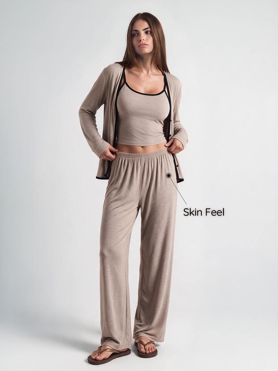 SHAPORA 3pcs Setelan Pakaian Santai Wanita Kasual Warna Polos Lengan Panjang Pas Badan, Atasan Camisole dan Celana, Pakaian Nyaman, Pakaian Musim Gugur dan Musim Dingin - Khaki - View 1