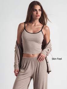 SHAPORA 3pcs Setelan Pakaian Santai Wanita Kasual Warna Polos Lengan Panjang Pas Badan, Atasan Camisole dan Celana, Pakaian Nyaman, Pakaian Musim Gugur dan Musim Dingin - Khaki - View 4