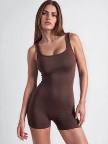 SHAPORA Women's Solid Color Square Collar Tank Top Jumpsuit Romper - Rust Brown - View 3