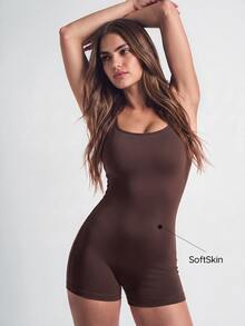 SHAPORA Women's Solid Color Square Collar Tank Top Jumpsuit Romper - Rust Brown - View 6