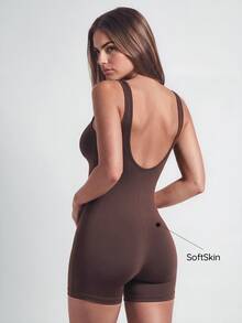 SHAPORA Women's Solid Color Square Collar Tank Top Jumpsuit Romper - Rust Brown - View 2