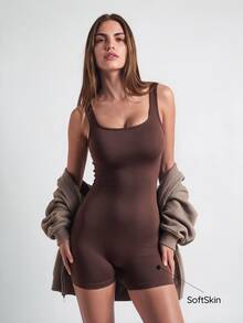 SHAPORA Women's Solid Color Square Collar Tank Top Jumpsuit Romper - Rust Brown - View 1