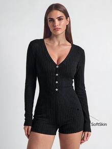 SHAPORA Women Lounge Jumpsuits Rib-Knit Tombol Depan Plain Santai-Wanita - Hitam - View 5