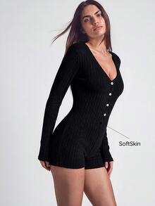 SHAPORA Women Lounge Jumpsuits Rib-Knit Tombol Depan Plain Santai-Wanita - Hitam - View 2