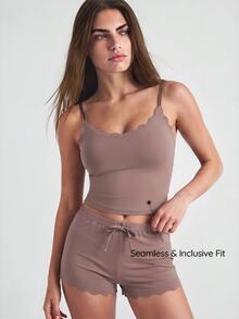SHAPORA Women's Cami Top And Shorts Homewear Set With Curved Hem, Lounge Outfit - Brown - View 1