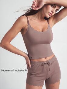 SHAPORA Women's Cami Top And Shorts Homewear Set With Curved Hem, Lounge Outfit - Brown - View 5