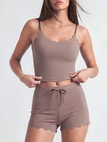 SHAPORA Women's Cami Top And Shorts Homewear Set With Curved Hem, Lounge Outfit - Brown - View 7
