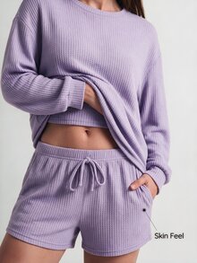 SHAPORA Waffle Knit Cami Top & Shorts & Drop Shoulder Lounge Set Outfit - Lilac Purple - View 6