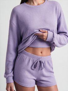SHAPORA Waffle Knit Cami Top & Shorts & Drop Shoulder Lounge Set Outfit - Lilac Purple - View 5