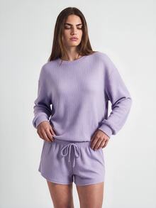 SHAPORA Waffle Knit Cami Top & Shorts & Drop Shoulder Lounge Set Outfit - Lilac Purple - View 4
