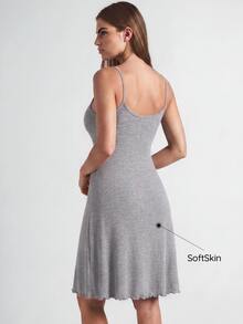 SHAPORA Solid Lettuce Trim Cami Lounge Dress - Grey - View 1