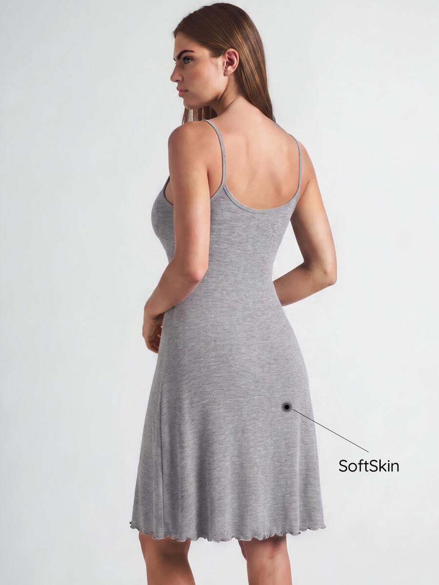 SHAPORA Solid Lettuce Trim Cami Lounge Dress - Grey - View 1