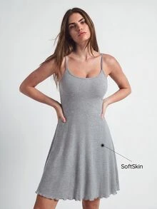 SHAPORA Solid Lettuce Trim Cami Lounge Dress - Grey - View 2