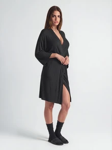 SHAPORA Leisure Leisure Ultra Soft Solid Robe, Blended Fabric, Silky, Can Be Paired With Any Basic Holiday Season Cozy And Elegant, For Fall & Winter Outfit - Black - View 5