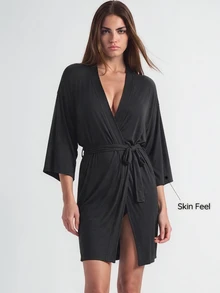SHAPORA Leisure Leisure Ultra Soft Solid Robe, Blended Fabric, Silky, Can Be Paired With Any Basic Holiday Season Cozy And Elegant, For Fall & Winter Outfit - Black - View 7