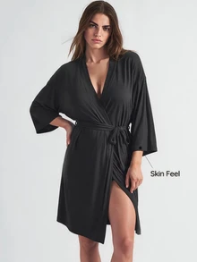SHAPORA Leisure Leisure Ultra Soft Solid Robe, Blended Fabric, Silky, Can Be Paired With Any Basic Holiday Season Cozy And Elegant, For Fall & Winter Outfit - Black - View 4