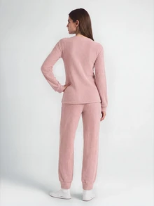 SHAPORA 2pcs Solid Color Sherpa Crew Neck Long Sleeve Top And Pants Fluffy Pajama Set Cozy Outfit, Fall Winter Clothes - Pink - View 2
