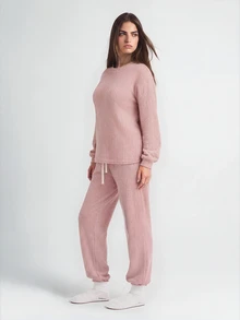 SHAPORA 2pcs Solid Color Sherpa Crew Neck Long Sleeve Top And Pants Fluffy Pajama Set Cozy Outfit, Fall Winter Clothes - Pink - View 4