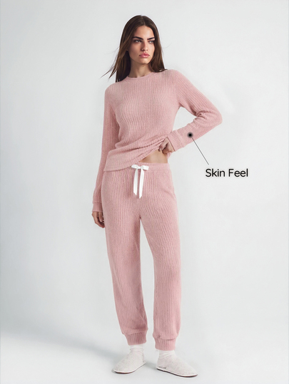 SHAPORA 2pcs Solid Color Sherpa Crew Neck Long Sleeve Top And Pants Fluffy Pajama Set Cozy Outfit, Fall Winter Clothes