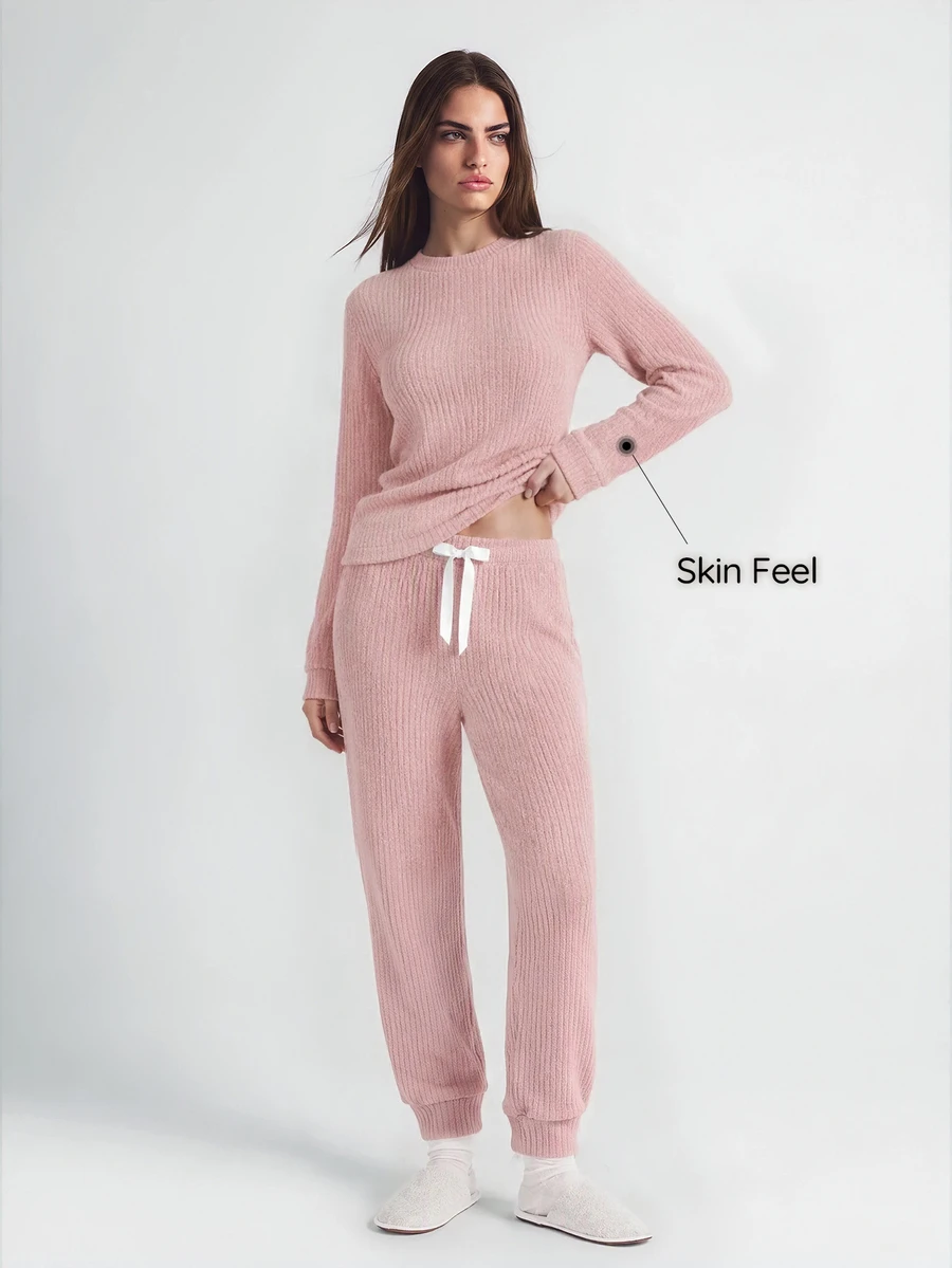SHAPORA 2pcs Solid Color Sherpa Crew Neck Long Sleeve Top And Pants Fluffy Pajama Set Cozy Outfit, Fall Winter Clothes - Pink - View 1