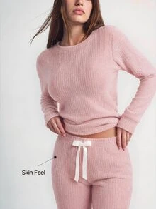 SHAPORA 2pcs Solid Color Sherpa Crew Neck Long Sleeve Top And Pants Fluffy Pajama Set Cozy Outfit, Fall Winter Clothes - Pink - View 6
