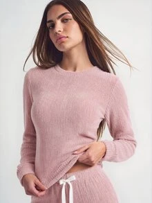 SHAPORA 2pcs Solid Color Sherpa Crew Neck Long Sleeve Top And Pants Fluffy Pajama Set Cozy Outfit, Fall Winter Clothes - Pink - View 7