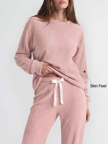 SHAPORA 2pcs Solid Color Sherpa Crew Neck Long Sleeve Top And Pants Fluffy Pajama Set Cozy Outfit, Fall Winter Clothes - Pink - View 5