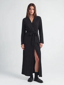 SHAPORA Women's Solid Color Long Sleeve Belted Bathrobe, Homewear, Cozy Outfit, Fall & Winter - Black - View 3