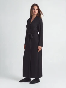 SHAPORA Women's Solid Color Long Sleeve Belted Bathrobe, Homewear, Cozy Outfit, Fall & Winter - Black - View 4