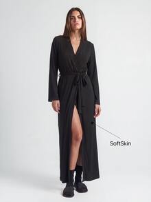 SHAPORA Women's Solid Color Long Sleeve Belted Bathrobe, Homewear, Cozy Outfit, Fall & Winter - Black - View 1