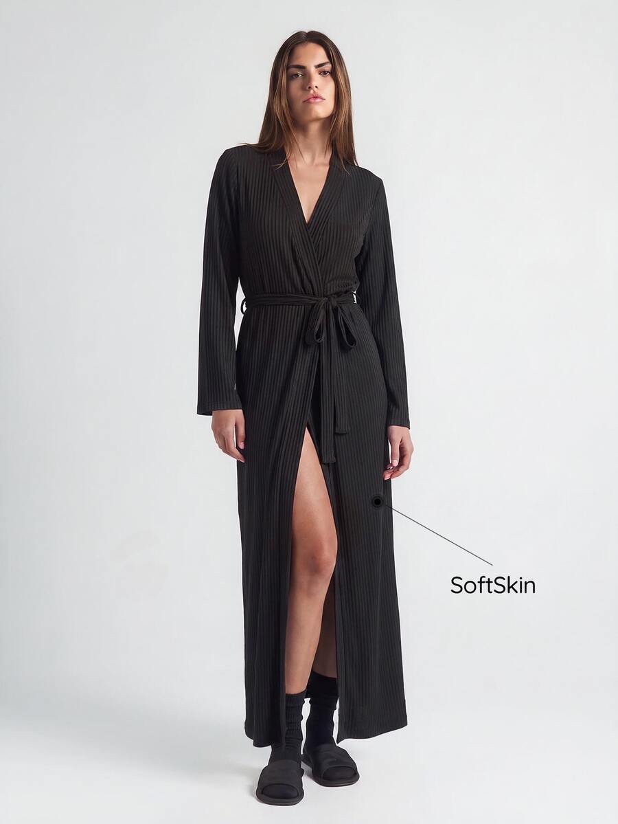 SHAPORA Women's Solid Color Long Sleeve Belted Bathrobe, Homewear, Cozy Outfit, Fall & Winter - Black - View 1