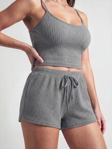 SHAPORA 三件套华夫格针织落肩上衣、吊带背心和短裤家居服套装，秋冬服装，舒适套装 - 灰色 - 查看 4