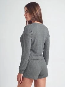 SHAPORA 三件套华夫格针织落肩上衣、吊带背心和短裤家居服套装，秋冬服装，舒适套装 - 灰色 - 查看 2