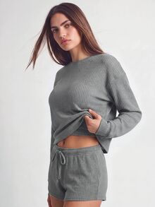 SHAPORA 三件套华夫格针织落肩上衣、吊带背心和短裤家居服套装，秋冬服装，舒适套装 - 灰色 - 查看 7