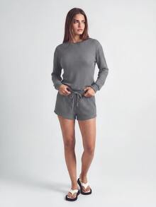 SHAPORA 三件套华夫格针织落肩上衣、吊带背心和短裤家居服套装，秋冬服装，舒适套装 - 灰色 - 查看 6